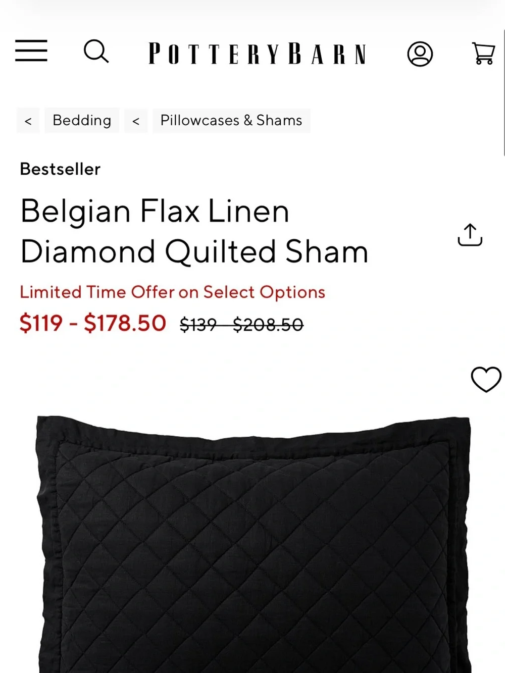 Pottery Barn Belgian Flax Linen Diamond Quilted Sham - Black set of 2